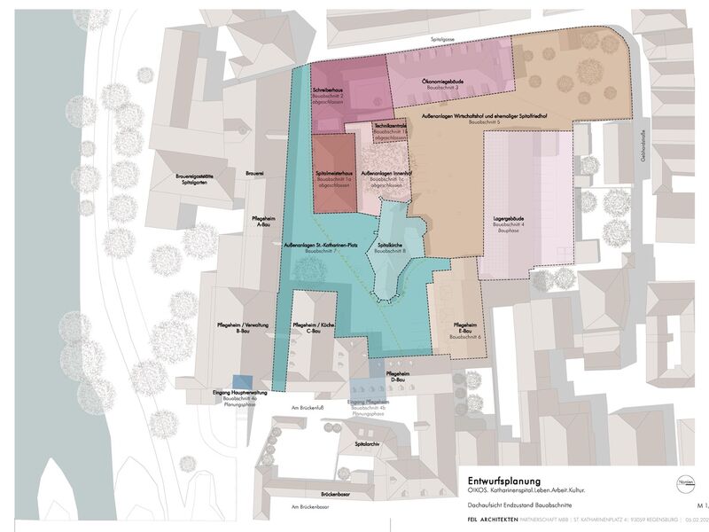 Abgebildet ist der Lageplan des St. Katharinenspitalgel&auml;ndes mit den Bezeichnungen der einzelnen Geb&auml;ude und der grafischen Darstellung der beiden Bauabschnitte