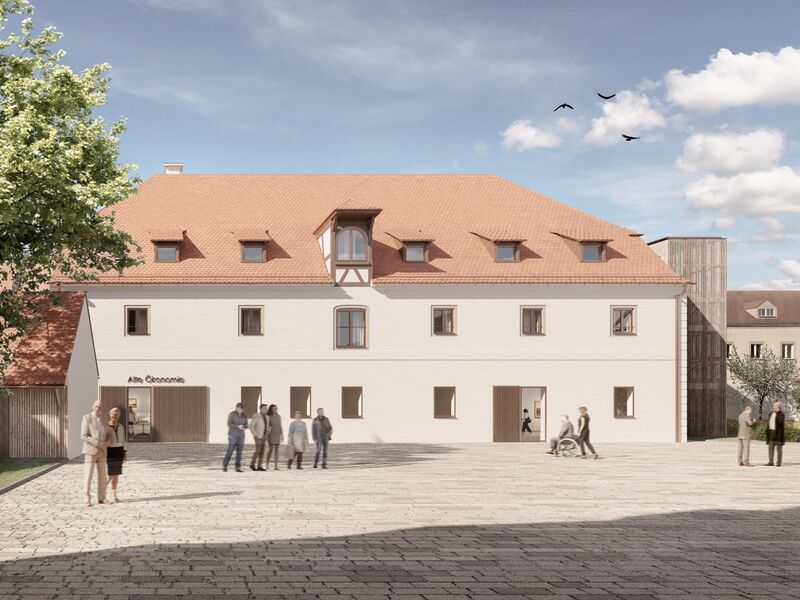 Abgebildet ist eine Computergenerierte Darstellung, die zeigt wie die Freianlagen des St. Katharinenspitalgel&auml;nde und das Geb&auml;ude &Ouml;konomie nach der Sanierung aussehen werden